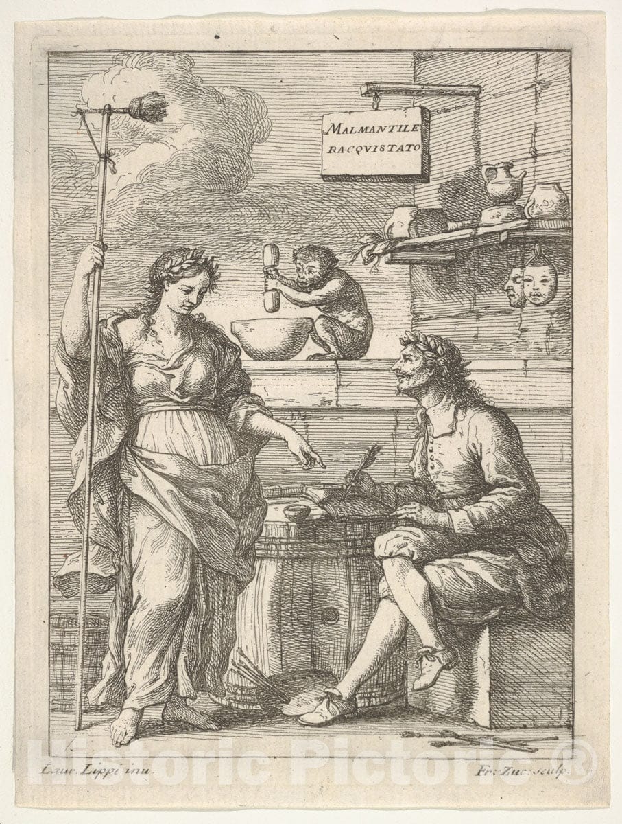 Art Print : A Monkey Working a Mortar and Pestle, Below Lorenzo Lippi - Artist: Francesco Zucchi - Created: c1710 : Vintage Wall Art