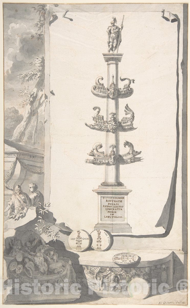 Art Print : Jan Goeree - A Reconstruction of The Base of The Column Rostrata. : Vintage Wall Art