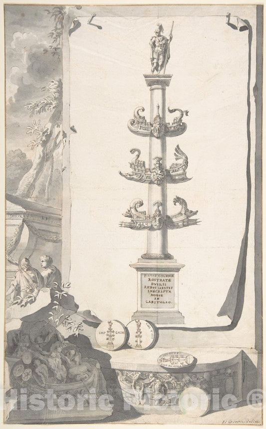 Art Print : Jan Goeree - A Reconstruction of The Base of The Column Rostrata. : Vintage Wall Art