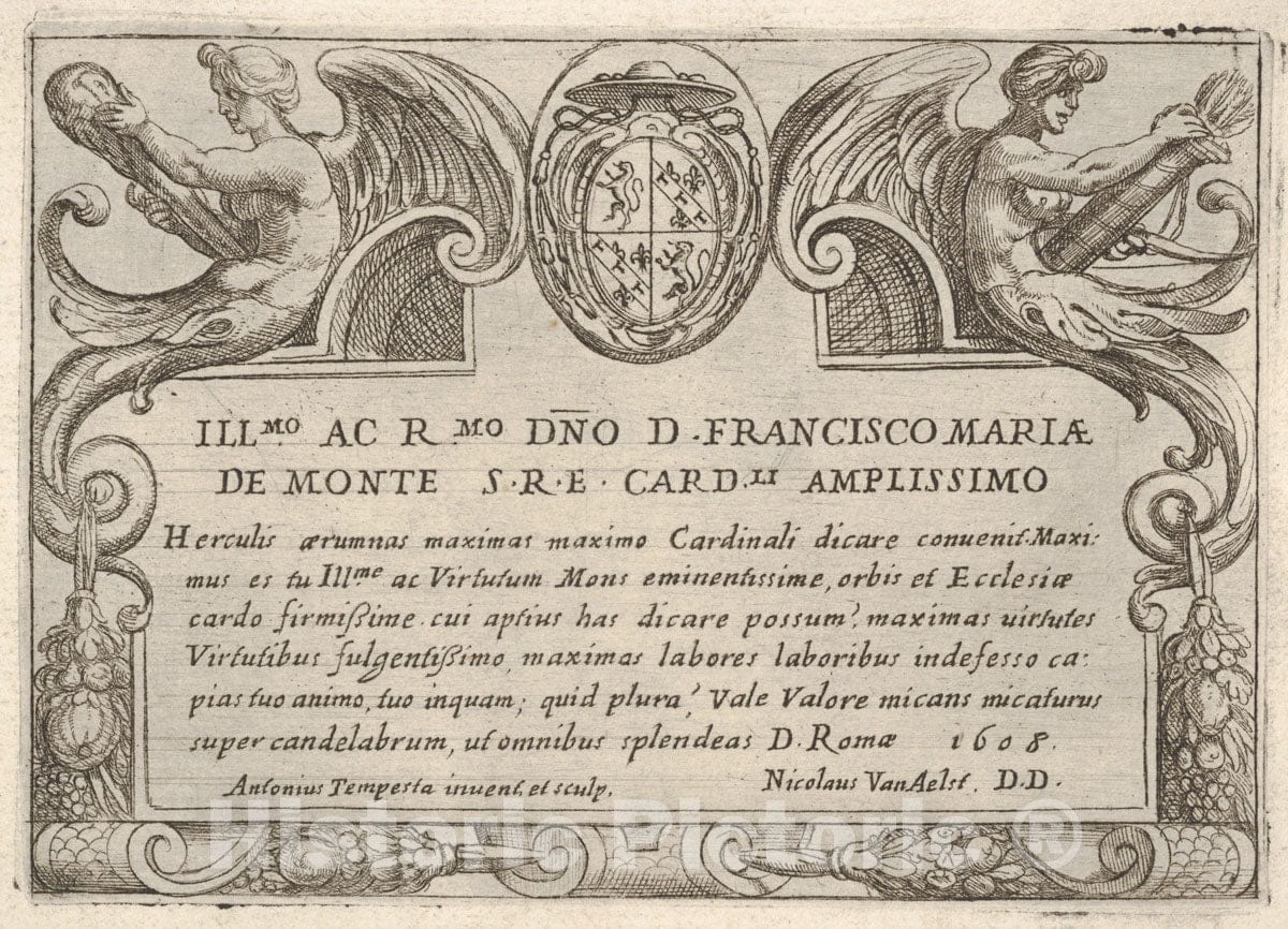 Art Print : Antonio Tempesta - Title Plate for The Series 'The Labors of Hercules' with The arms of Cardinal Francesco Maria de Monte : Vintage Wall Art