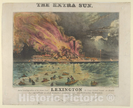 Art Print : Awful Conflagration of The Steam Boat Lexington in Long Island Sound - Artist: Nathaniel Currier - Created: 1838–46 : Vintage Wall Art