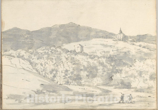 Art Print : Joseph Wright (Wright of Derby) - Landscape with a Towered Building and Domed Church (Smaller Italian Sketchbook, Leaf 32 Recto) : Vintage Wall Art