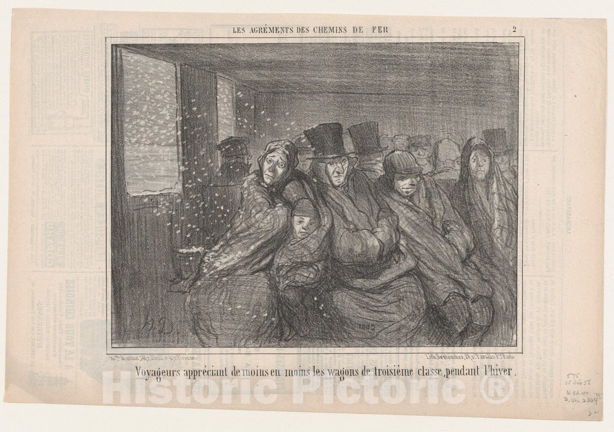 Art Print : Honoré Daumier - Voyageurs appréciant de moins en moins les, from Les Agréments des Chemins de Fer, published in Le Charivari, December 25, 1856 : Vintage Wall Art