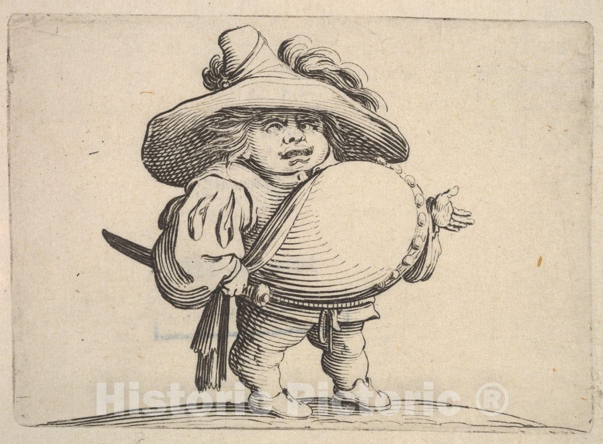 Art Print : Small Male Figure in Three-Quarter View with outstreched Left Hand and Right Hand Grasping Sword at Hip - Artist: Jacques Callot - c1621 : Vintage Wall Art