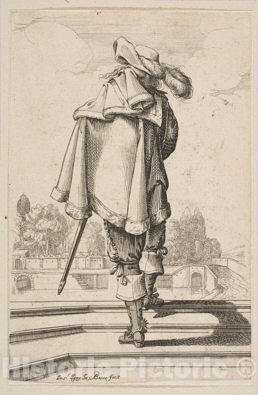 Art Print : Abraham Bosse - Gentleman in a Cape and Plumed Hat Seen from The Back : Vintage Wall Art