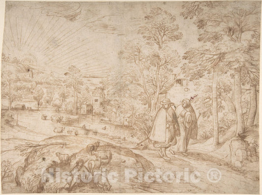 Art Print : Pieter Balten - Landscape with Two Pilgrims Walking Along a Road : Vintage Wall Art