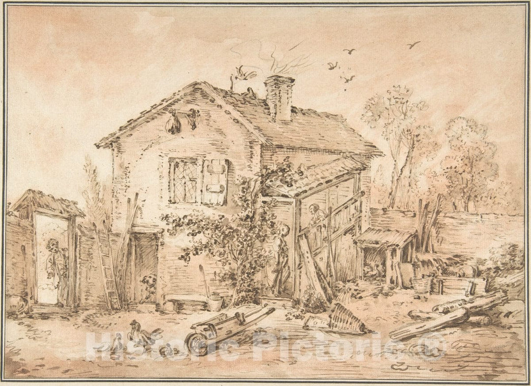 Art Print : Imitator of François Boucher - Cottage with Figures : Vintage Wall Art