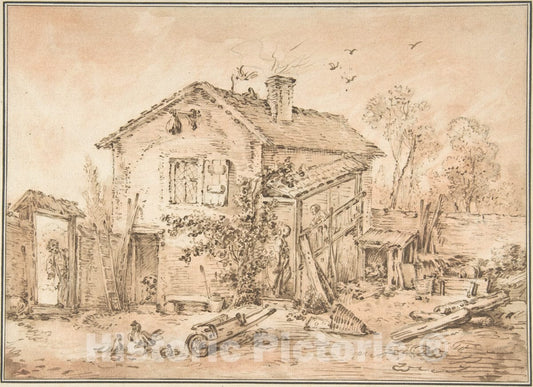 Art Print : Imitator of François Boucher - Cottage with Figures : Vintage Wall Art