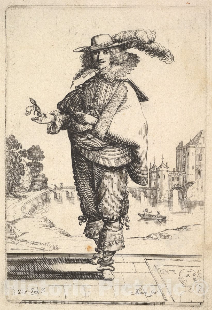Art Print : A Gentleman Standing in Front of a Large Castle - Artist: Abraham Bosse - Created: 1629 : Vintage Wall Art