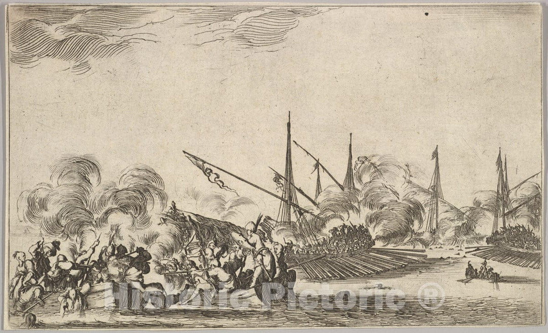 Art Print : Combat Between Several rowboats and Ships - Artist: Stefano Della Bella - Created: 1639 : Vintage Wall Art