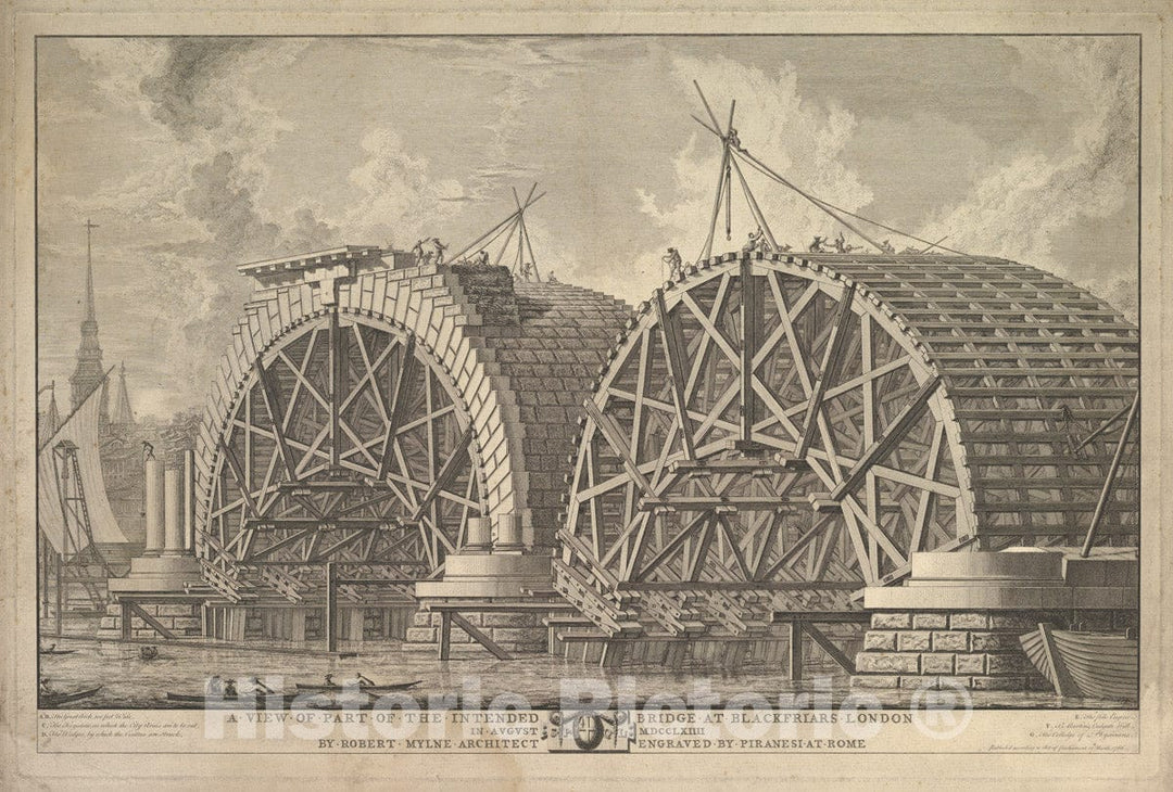 Art Print : Giovanni Battista Piranesi - A View of Part of The Intended Bridge at Blackfriars, London 1 : Vintage Wall Art