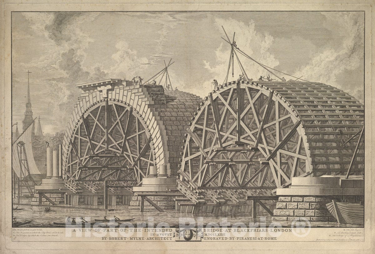 Art Print : Giovanni Battista Piranesi - A View of Part of The Intended Bridge at Blackfriars, London 1 : Vintage Wall Art