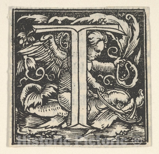 Art Print : Heinrich Vogtherr The Elder - Initial Letter T with putto : Vintage Wall Art