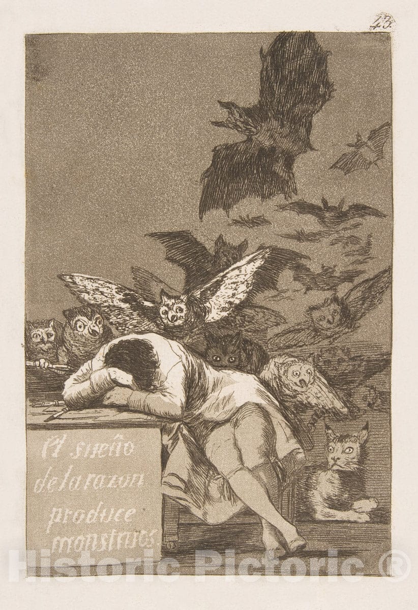 Art Print : Goya - Plate 43 from 'Los Caprichos': The Sleep of Reason Produces Monsters (El sueño de la razon Produce monstruos) v.2 : Vintage Wall Art