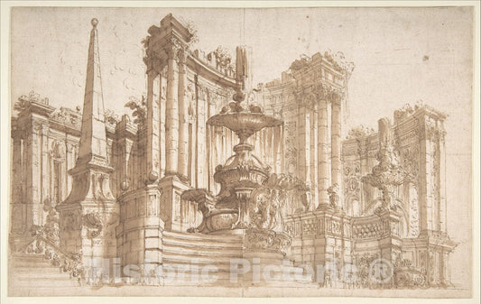 Art Print : Ferdinando Galli Bibiena - Design for a Stage Set: Semi-Circular Architectural Ruins, Fountains, and an Obelisk. : Vintage Wall Art
