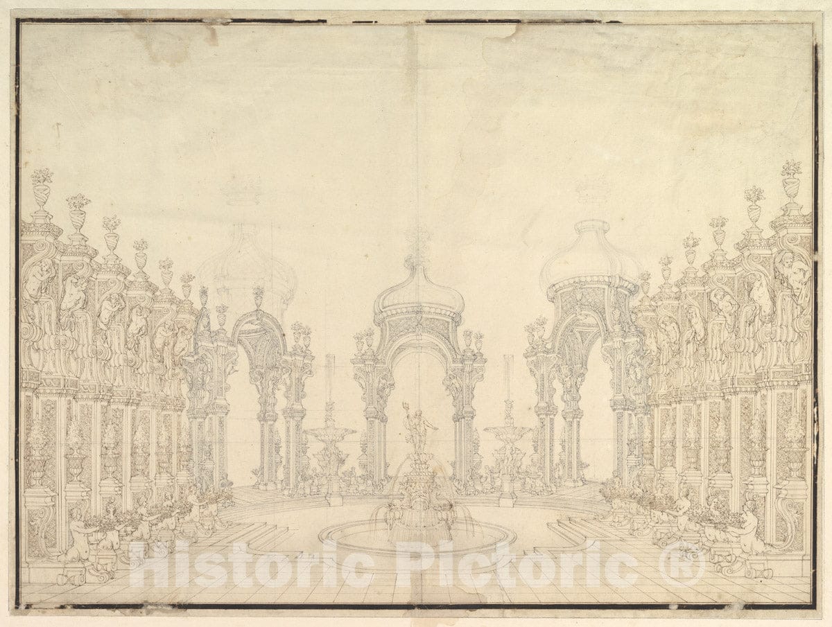 Art Print : Designs for Stage Set: Three Pavillions in Background with Oriental - Artist: Giuseppe Galli Bibiena - Created: 1696–1756 : Vintage Wall Art