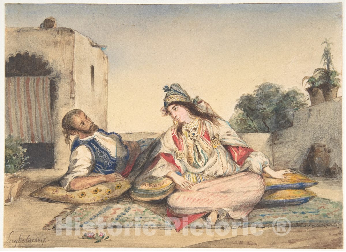 Art Print : Eugène Delacroix - A Moorish Couple on Their Terrace : Vintage Wall Art