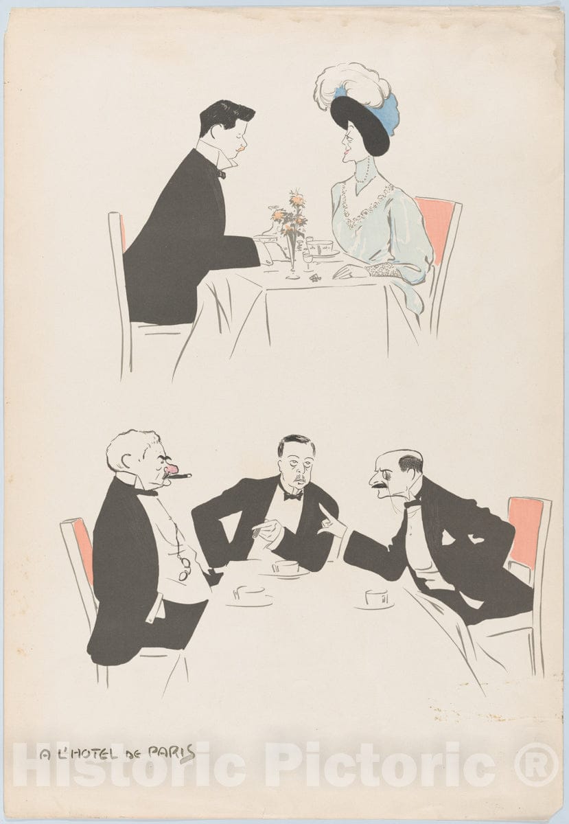 Art Print : Georges Goursat Sem - A L'Hotel de Paris (Two Tables, one with J. P. Morgan), from Monte Carlo, 2nd Serie : Vintage Wall Art