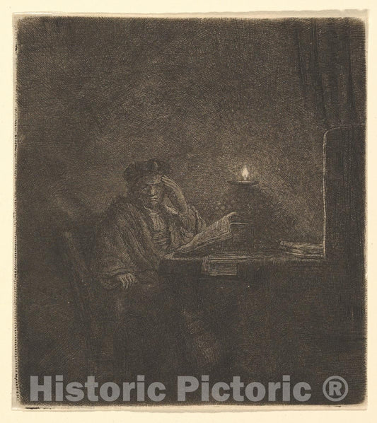 Art Print : Rembrandt (Rembrandt Van Rijn) - Student at a Table by Candlelight : Vintage Wall Art
