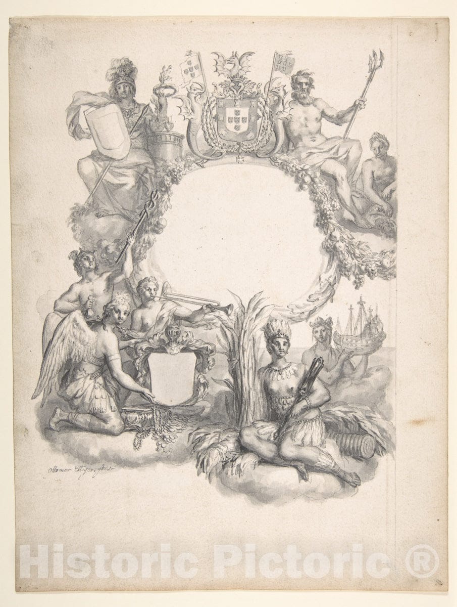 Art Print : Ottmar Elliger The Younger - Design for a Frontispiece with an Allegory of Brazil : Vintage Wall Art