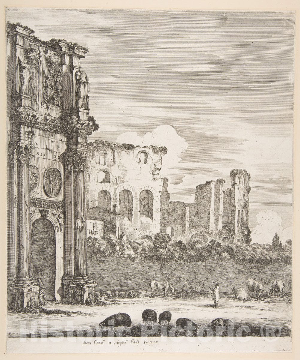 Art Print : Arch of Constantine and Colosseum with sheep grazing in foreground - Artist: Stefano della Bella - Created: 1656 : Vintage Wall Art