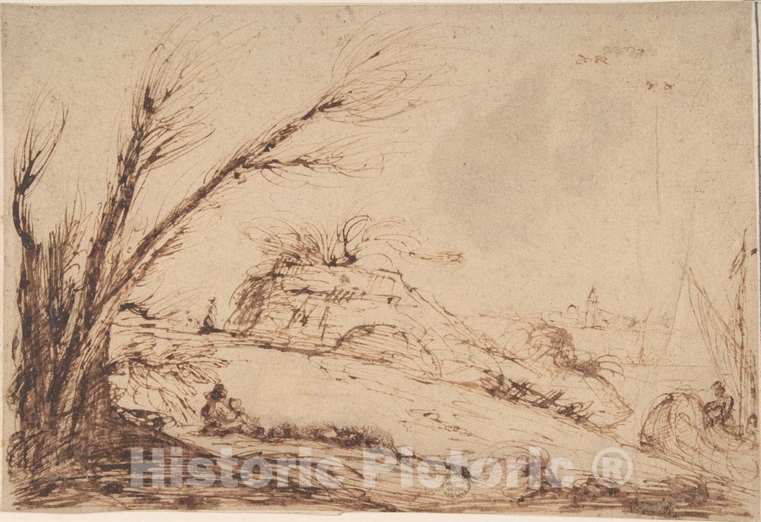 Art Print : Italian, Roman-Bolognese, 17th Century - Landscape with Figures : Vintage Wall Art