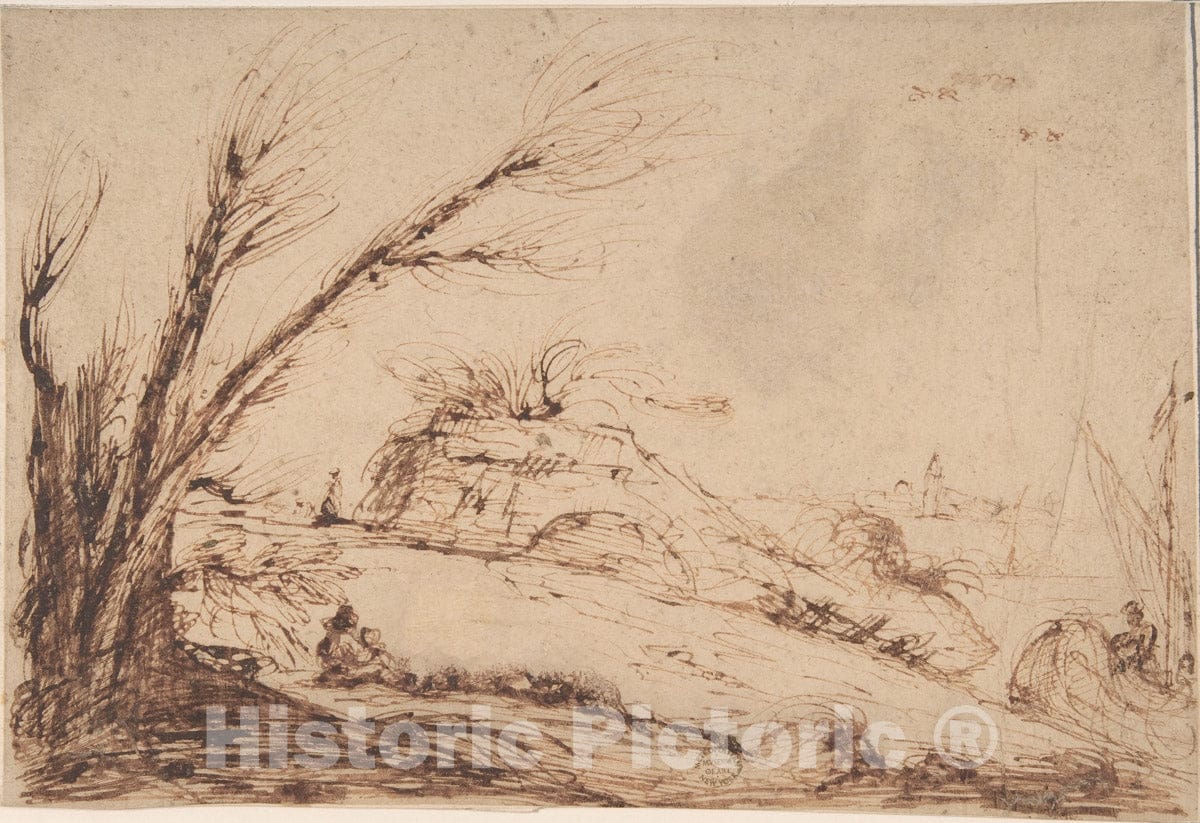 Art Print : Italian, Roman-Bolognese, 17th Century - Landscape with Figures : Vintage Wall Art