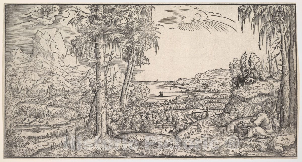Art Print : Virgil Solis - Landscape with Saint John The Evangelist : Vintage Wall Art