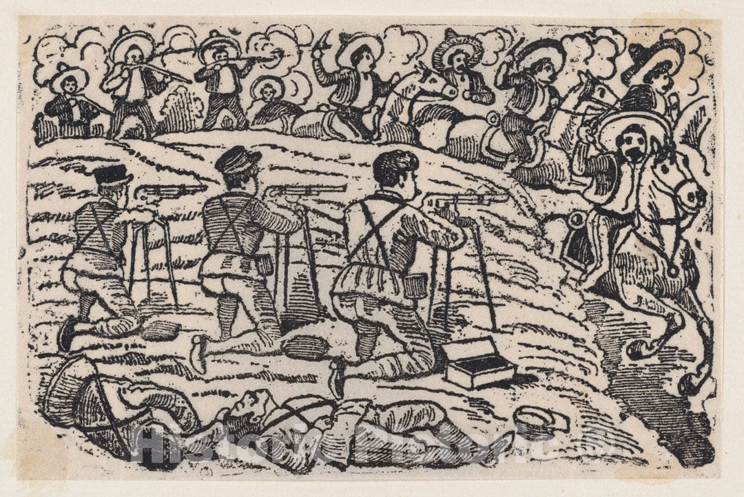 Art Print : José Guadalupe Posada - A Battle Between Federal Forces and Zapata Followers : Vintage Wall Art