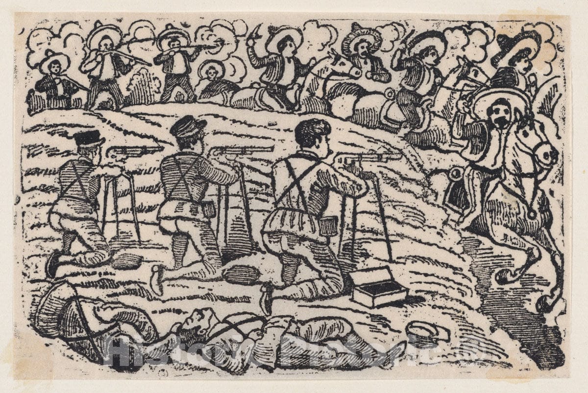 Art Print : José Guadalupe Posada - A Battle Between Federal Forces and Zapata Followers : Vintage Wall Art