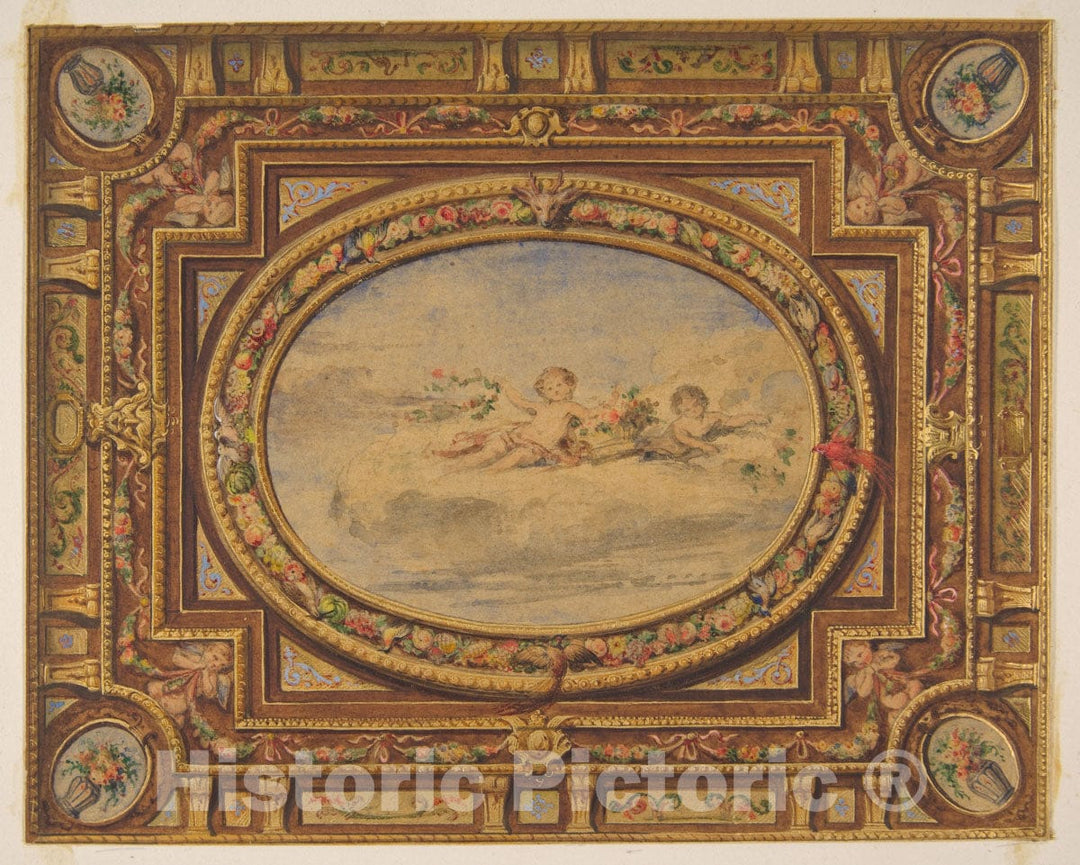 Art Print : Jules-Edmond-Charles Lachaise - Design for a Painted Ceiling with putti on Clouds in a Central Oval : Vintage Wall Art