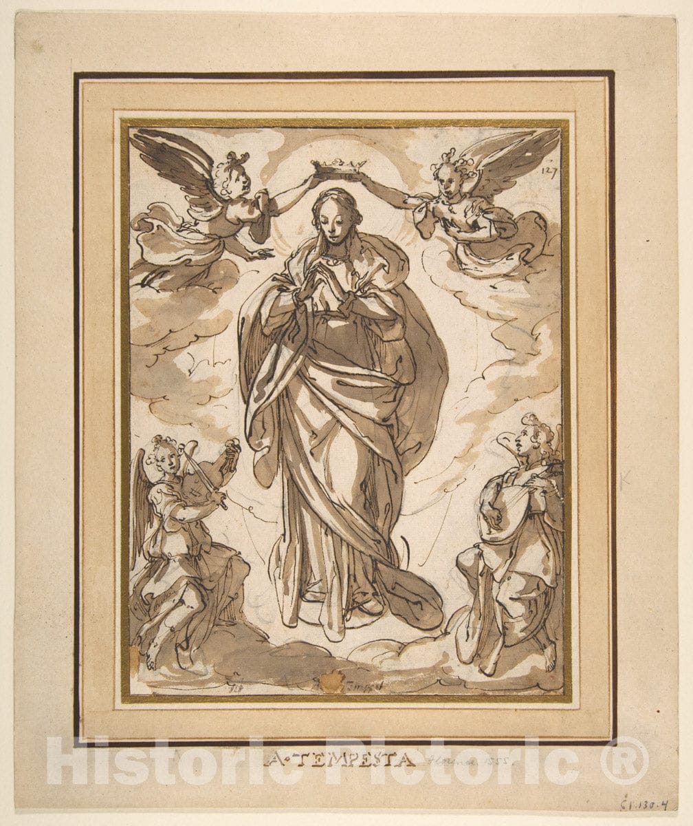 Art Print : Domenico Fontana - The Virgin Immaculate Crowned by Two Angels, with Angel Musicians in The Foreground : Vintage Wall Art