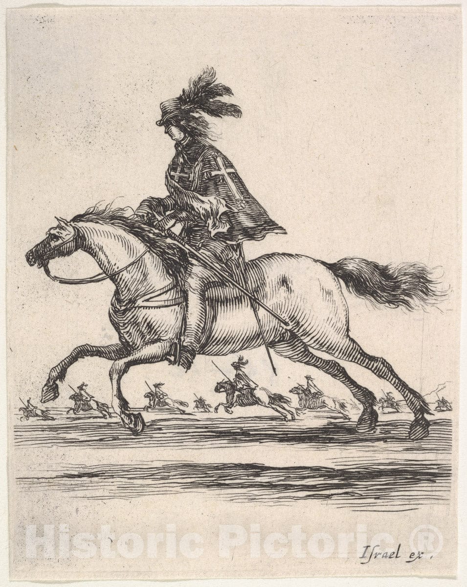 Art Print : A muskateer Galloping Towards The Left - Artist: Stefano Della Bella - Created: c1642 : Vintage Wall Art
