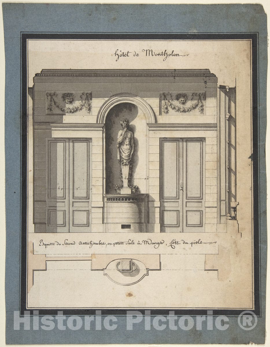 Art Print : Jean Jacques Lequeu - Section and Plan of The Small Dining Room of The Hôtel de Montholon 1 : Vintage Wall Art