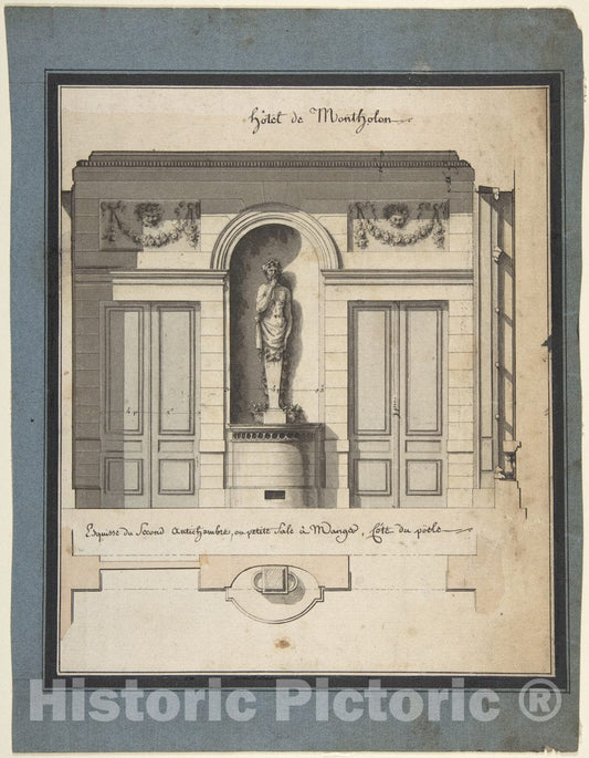 Art Print : Jean Jacques Lequeu - Section and Plan of The Small Dining Room of The Hôtel de Montholon 1 : Vintage Wall Art