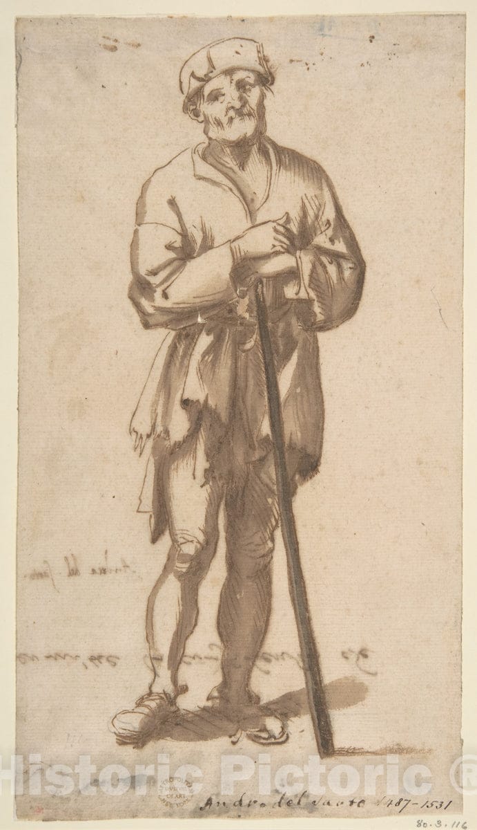Art Print : Italian, Roman-Bolognese, 17th Century - Standing Old Man in Frontal View Leaning On a Staff : Vintage Wall Art