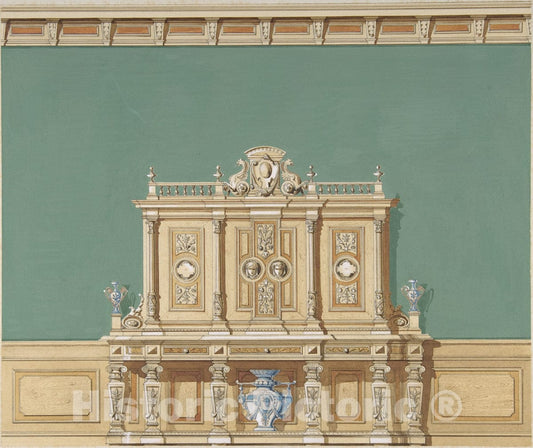 Art Print : British, 19th Century - Interior Design with a Large Renaissance Style Cabinet Against a Green Wall : Vintage Wall Art