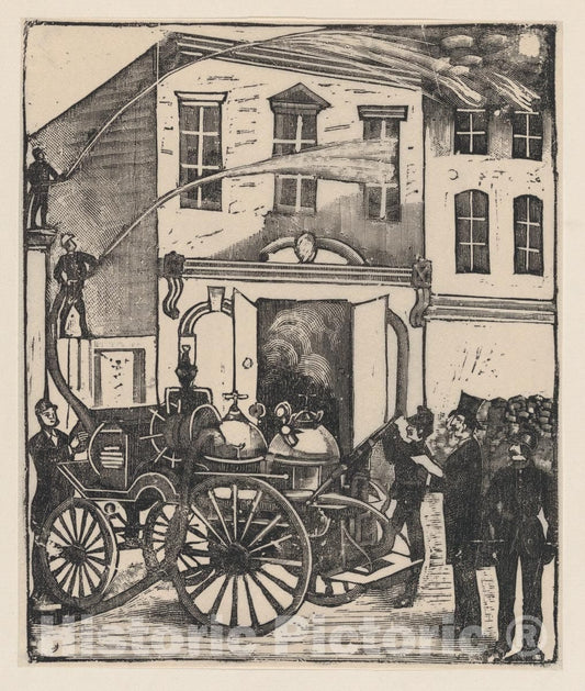 Art Print : José Guadalupe Posada - Firefighters Putting Out a fire in a House, Firetruck in Foreground : Vintage Wall Art