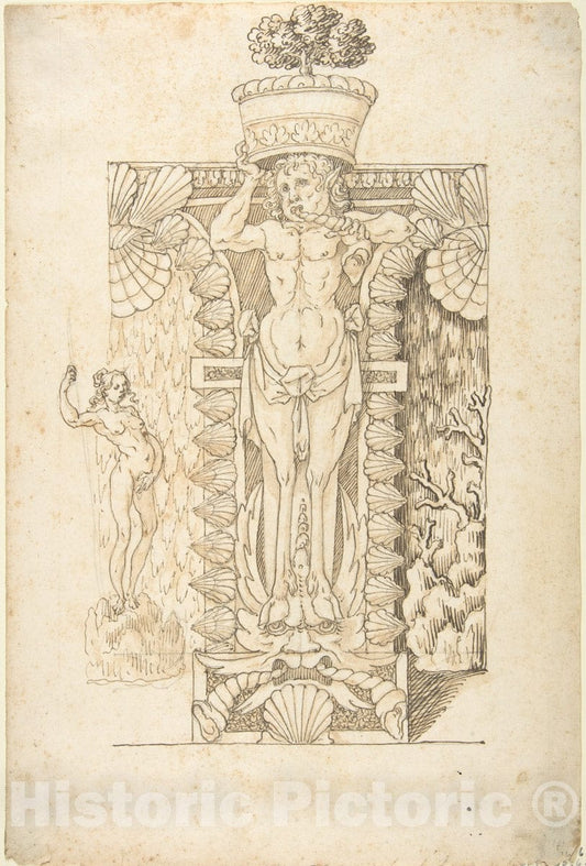 Art Print : Italian, Lombard, 16th Century - Design for a Wall Fountain - 432281 : Vintage Wall Art