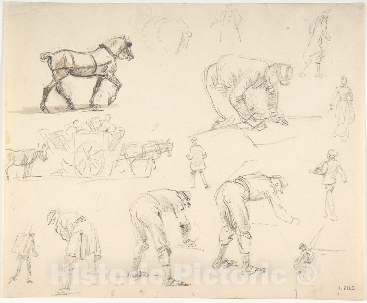 Art Print : Isidore Pils - Studies of Soldiers and Cart Horses : Vintage Wall Art