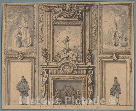 Art Print : Antoine Le Pautre - Design for a Wall Decoration with Chimneypiece and Two Figures : Vintage Wall Art
