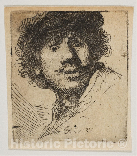 Art Print : Rembrandt (Rembrandt Van Rijn) - Rembrandt in a Cap, Open Mouthed and Staring: Bust in Outline (Copy) : Vintage Wall Art
