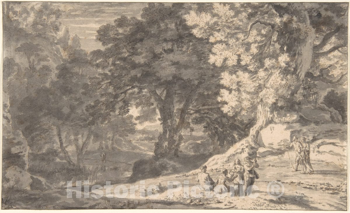 Art Print : Herman Van Swanevelt - A Wooded Landscape with Travellers by The Roadside, a Stream Beyond : Vintage Wall Art