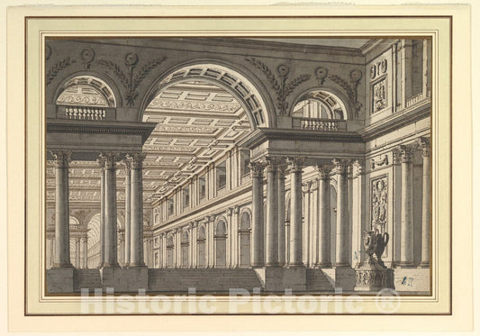 Art Print : Paolo Landriani - Design for a Stage Set: Classical Arcaded Gallery with Triumphal Arch Motif : Vintage Wall Art