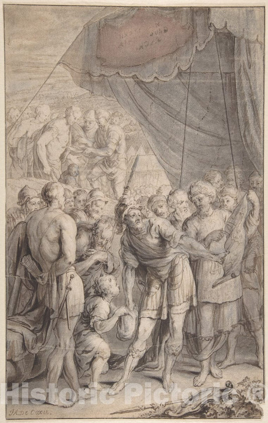 Art Print : Jan Antoine Coxie - Design for a Title Page: A General and His Army Looking at a Map. : Vintage Wall Art