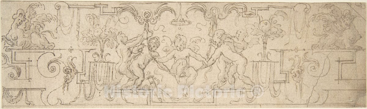Art Print : Italian, 16th Century - Decorative Frieze with Putti Playing on a Swing : Vintage Wall Art