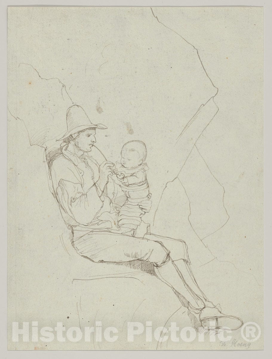 Art Print : A Seated Italian Shepherd with a Small Child on his Lap
