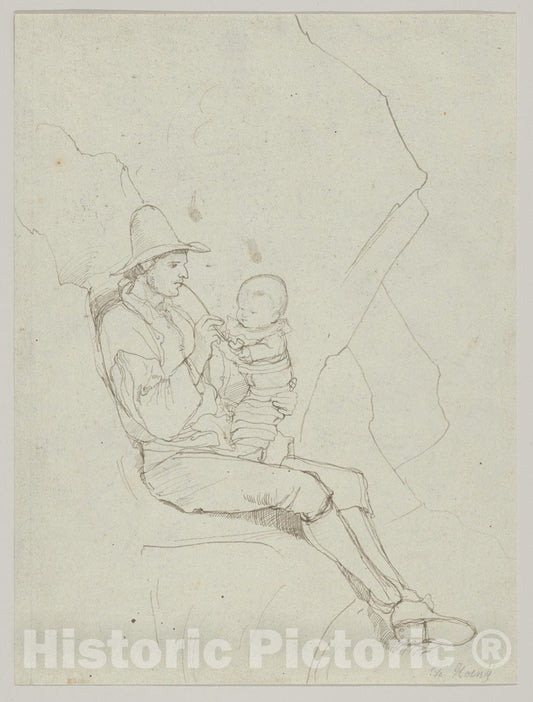 Art Print : A Seated Italian Shepherd with a Small Child on his Lap