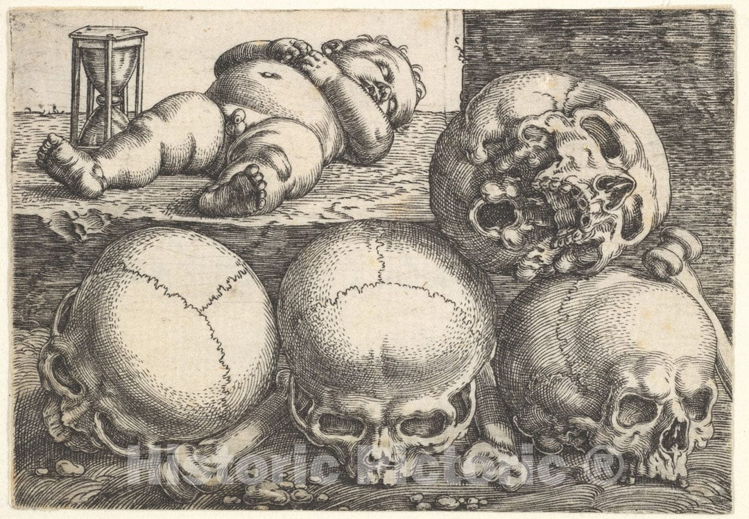Art Print : Barthel Beham - Dead Child with Four Skulls : Vintage Wall Art