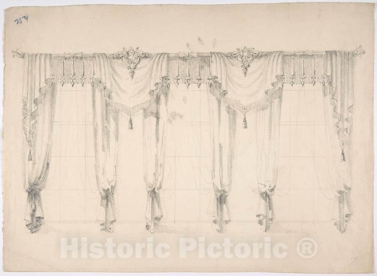Art Print : British, 19th Century - Design for Fringed Curtains Surrounding Three Windows 2 : Vintage Wall Art